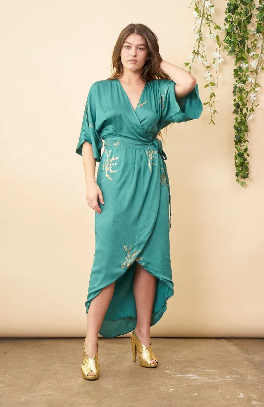 Cherry Blossom Maxi Wrap Dress in Emerald + Gold Anniversary maxi dresses