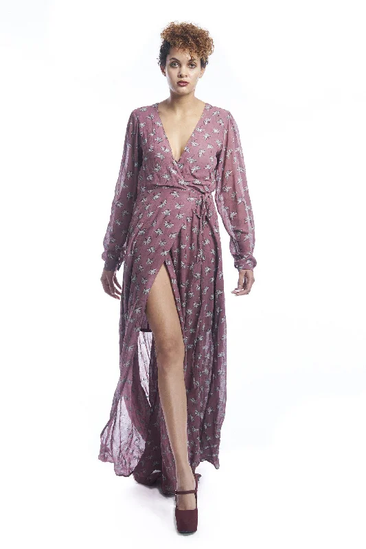 Ginkgo Leaf Empress Maxi Wrap in Mauve + Silver Discounted maxi dresses