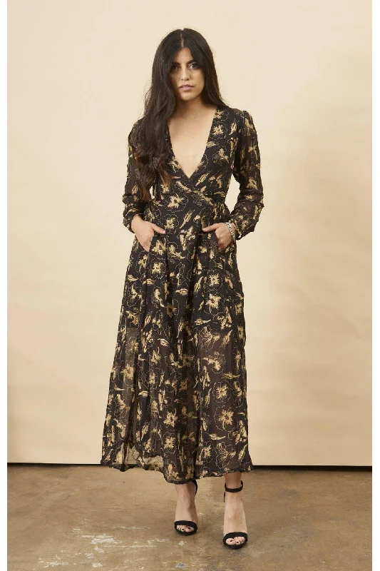 Hibiscus Flower Empress Maxi in Black + Gold Cheap maxi dresses