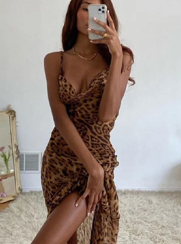 Leopard Print V-Neck Bodycon Long Dress Fall maxi dresses