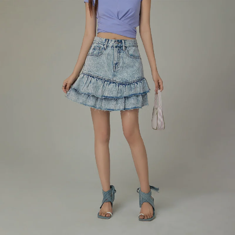 Ruffled Denim Mini Skirt Floral A-line Skirt