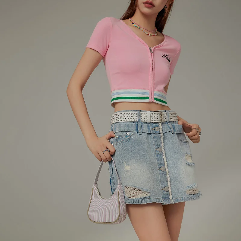 Button-Washed Distressed Denim Mini Skirt Mini Skirt Casual