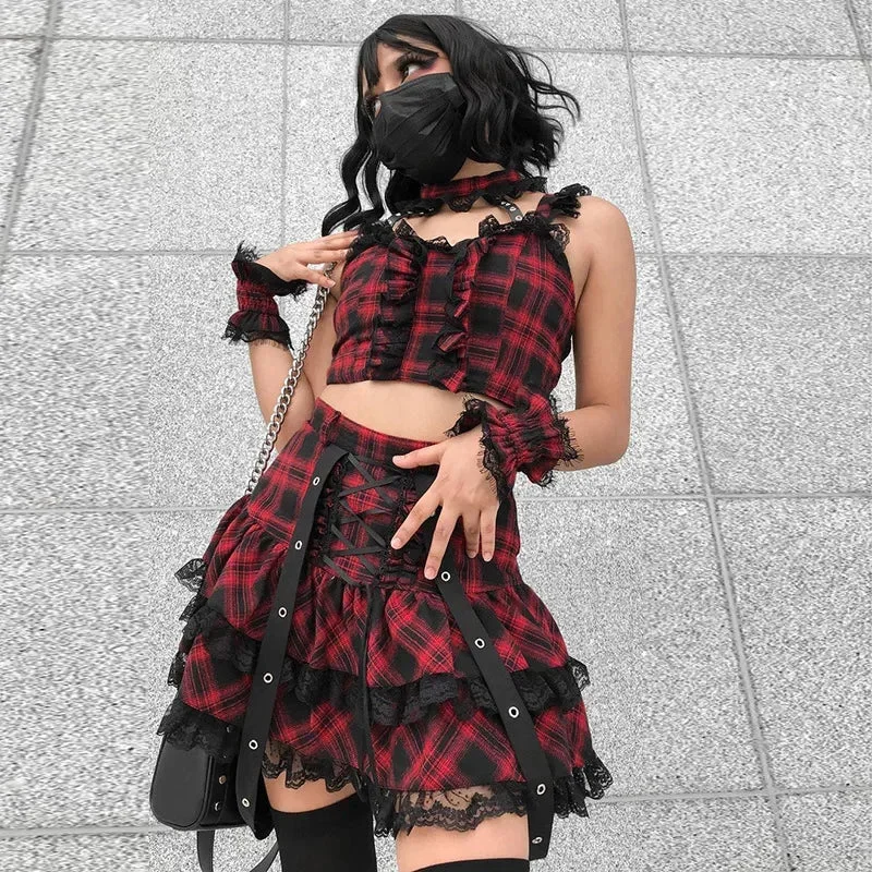 Harajuku Plaid Gothic Girl High Waist Plaided Lolita Mini Sets Japanese Fashion Streetwear Skirt Simple Mini Skirt