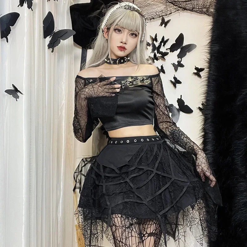 Gothic Mini Y2K Harajuku Spider Web Patchwork Lace Tassel Dark Academy Street Woman With Belt Fairy Grunge Skirt Retro Mini Skirt