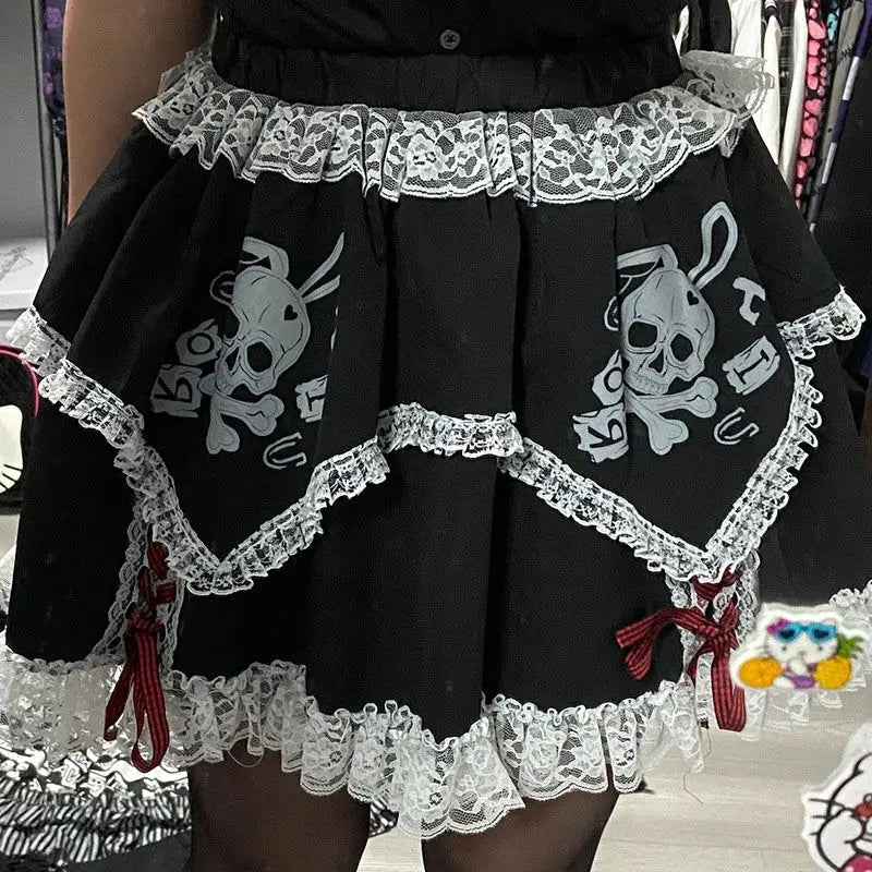 Short Girls Dress Cosplay Subculture Y2k Lace Skeleton Gothic Trend Black High Waist Layered Skirt Skirt with Buttons