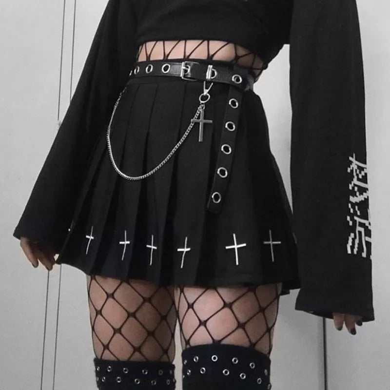 Women's High Waist Gothic Mini Ladies Cross Pattern Mini Pleated Dark Style Skirt Soft Denim Skirt