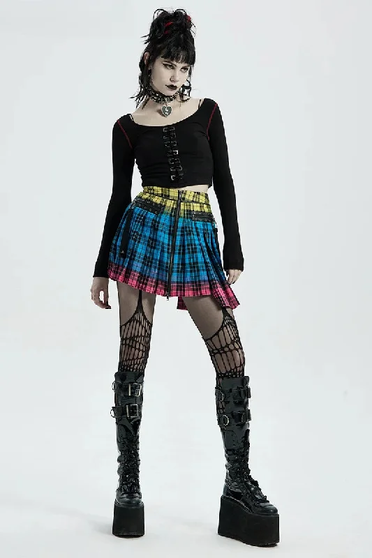 Women's Color Plaid Playful Cute Pleated Daily Sexy Mini Half Little Ghost Head Nails Decoration Skirt Lace-up Mini Skirt