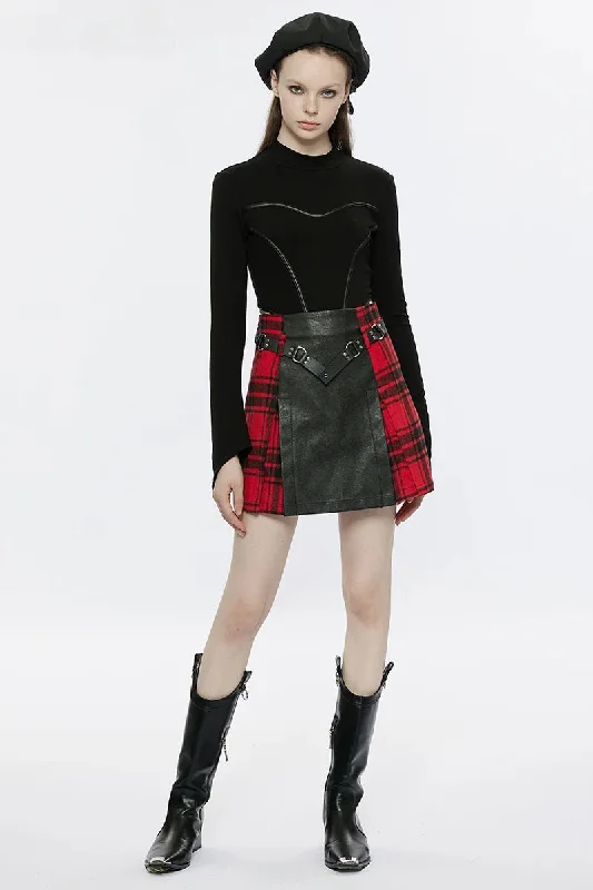 Women's Black+Red Plaid Splicing Rivet Metal Buckle Belt Daily A-Line Personality Mini Skirt Basic Mini Skirt