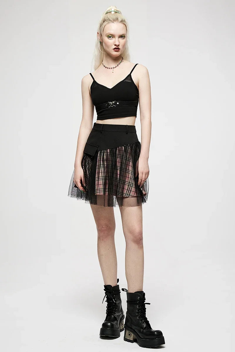 Women's Mesh Panel Plaid High Waist Short College Style Stitched A-line Youth Girl Mini Skirt Mini Skirt Look