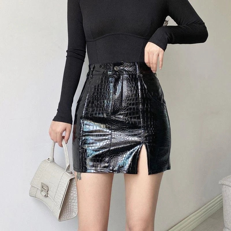 Hot Girl Black Leather Short Wrap Hip Skirt Bottom Cozy Mini Skirt