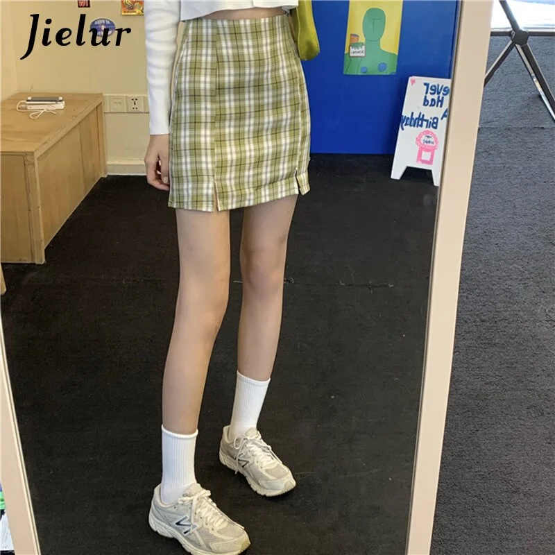 Jielur Plaid Summer Skirt 2020 New Jupe Femme Slim Skirt High Waist Mini Skirts Womens Split Blue Chic Skirt S-L Polka Dot Mini Skirt