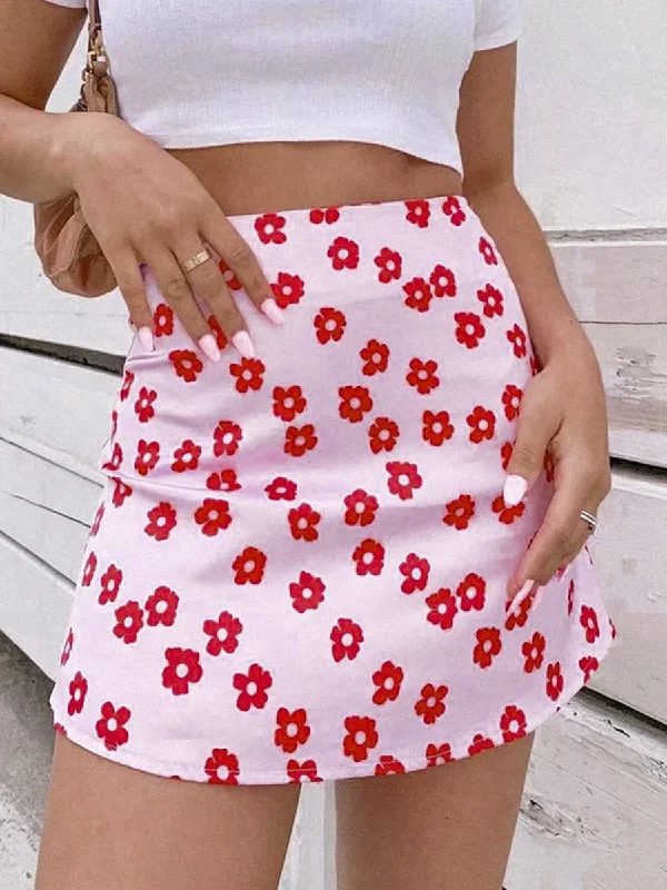 Kitty Floral Short Skirt - Pink Ripped Denim Skirt