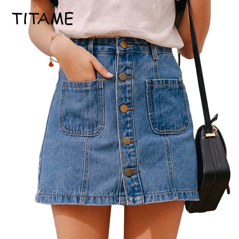 TITAME Denim Skirt High Waist A-line Mini Skirts Women Single Button Pockets Blue Jean Skirt Girls Mini Skirt Jeans Skirt Skater Mini Skirt