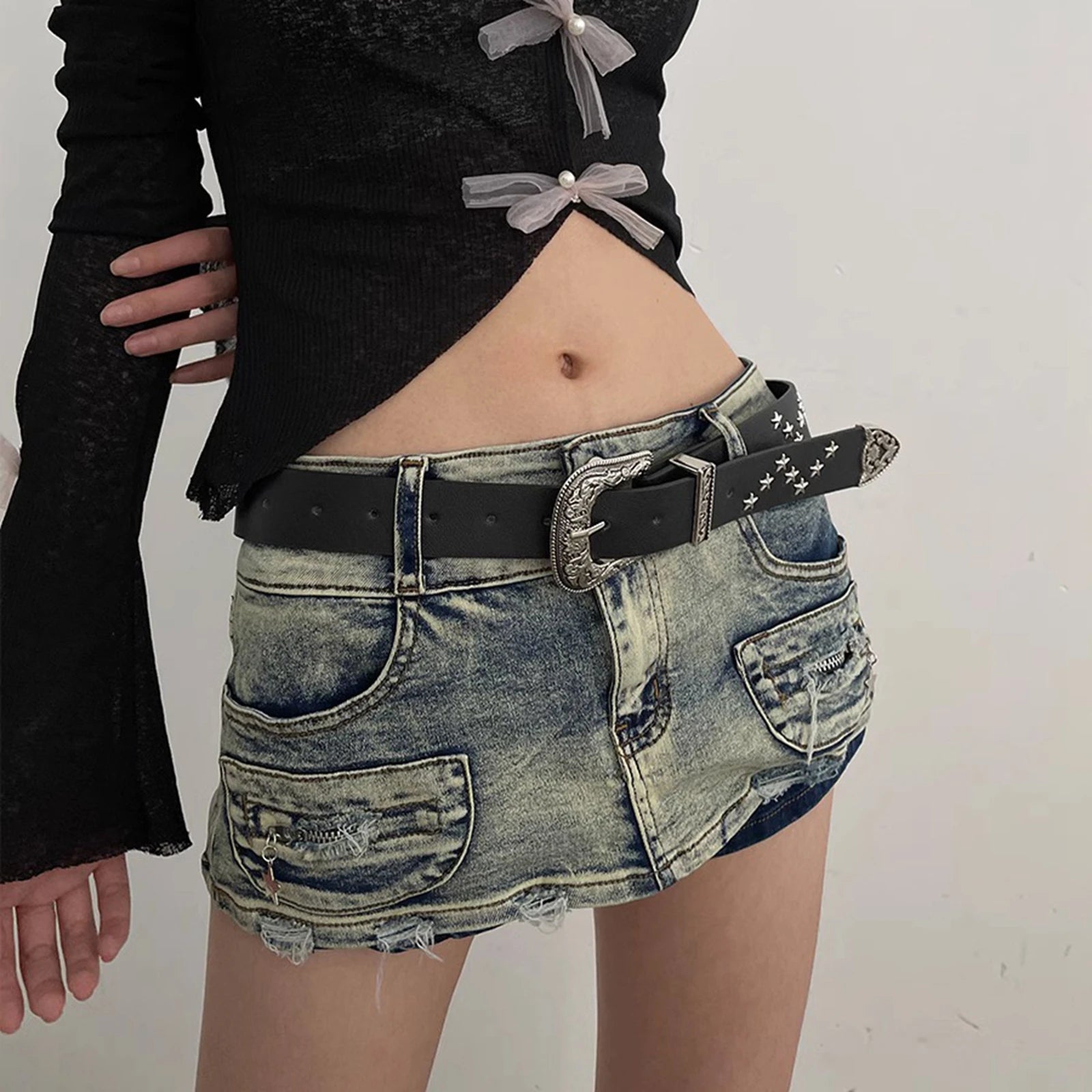 Vintage PU Leather Star-buckled Mini Skirt Bottom Cute Mini Skirt