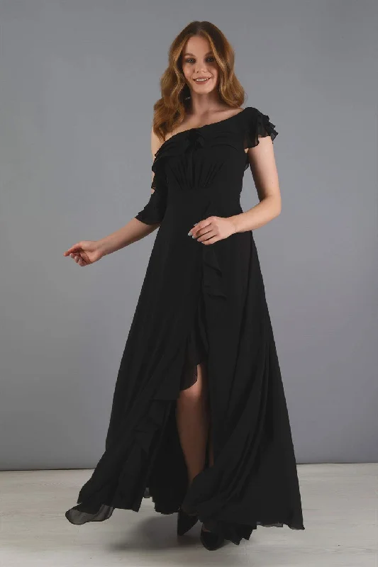 Angelino Black Chiffon Shoulder Dress with Flane Slit Dress Long sleeve unclassified dresses