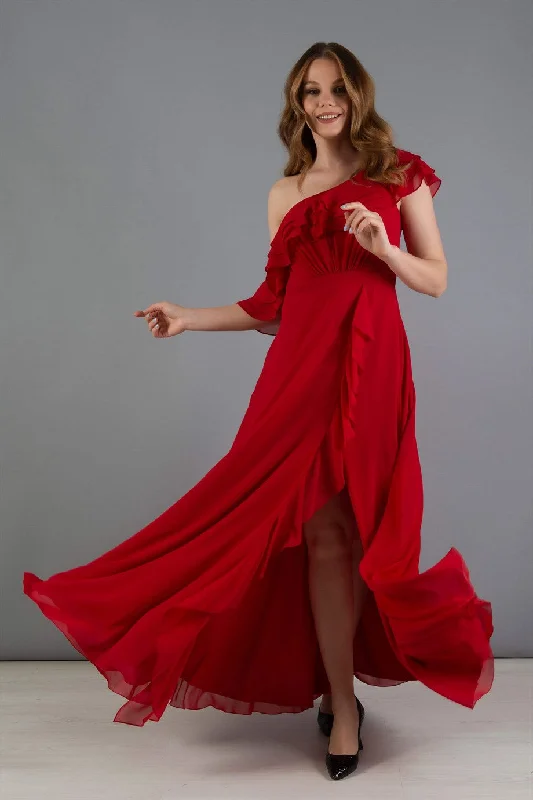 Angelino Red Chiffon Shoulder Dress with Flated Slit Dress Cotton unclassified dresses