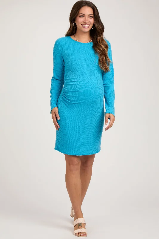 Aqua Blue Ribbed Side Ruched Maternity Fitted Dress Holiday unclassified dresses