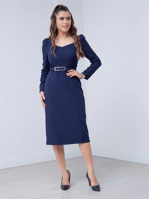 Atlas Fabric Heart Collar Arched Dress - Navy Blue Luxury unclassified dresses