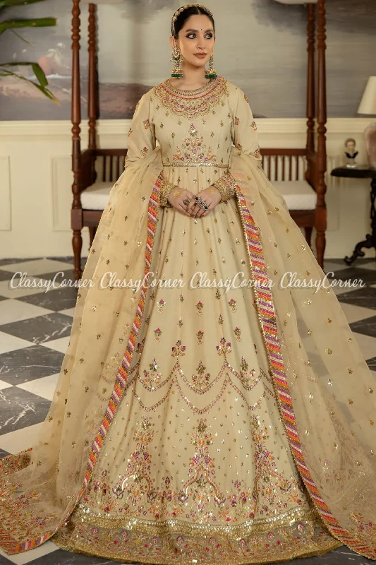 Beige Orange Silk Embroidered Pakistani Gown Dress Everyday wear unclassified dresses