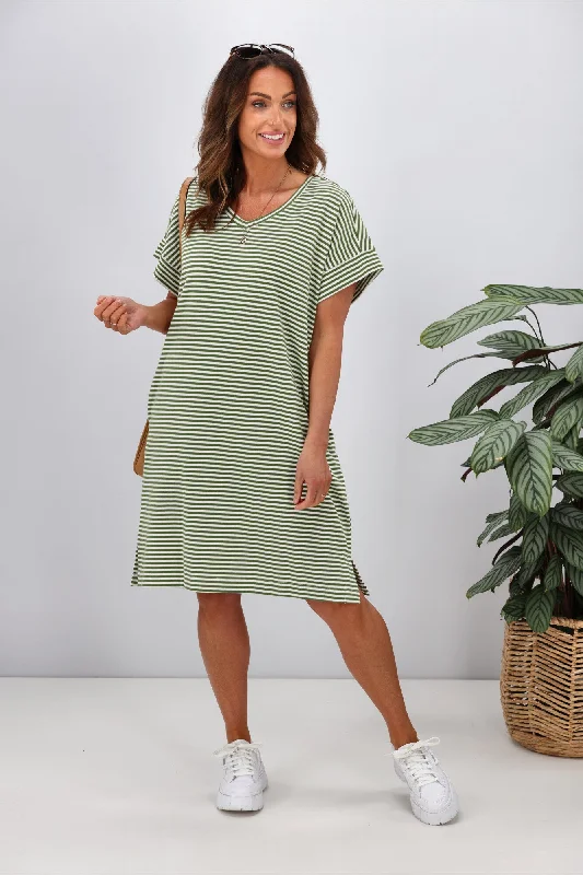 Betty Basics Elise V-Neck Rib Dress Avocado Stripe Soft fabric unclassified dresses