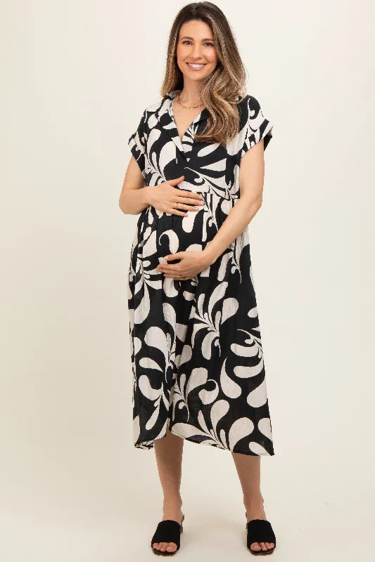 Black Abstract Print Collared Maternity Dress Best floral dresses for elegant looks