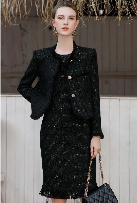 Black Tweed Button-up Jacket and Dress Set Elegant evening unclassified dresses