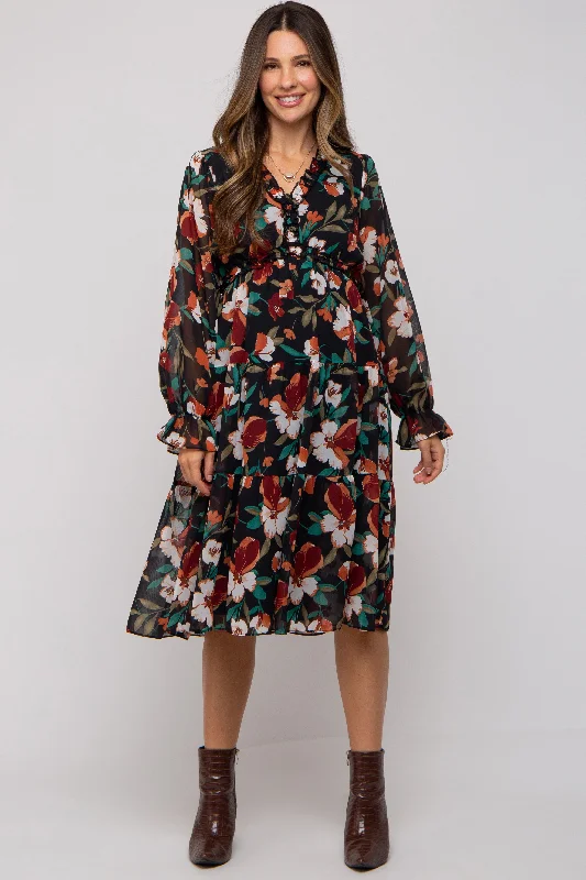 Black Floral Ruffle V-Neck Maternity Dress Wedding guest floral dresses