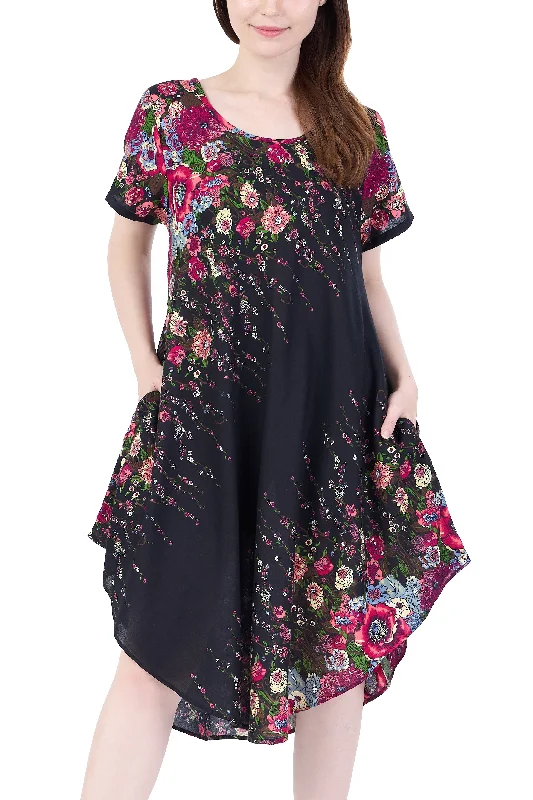 Black Flower fabric Dress with Sleeves and Two Pockets Striped unclassified dresses