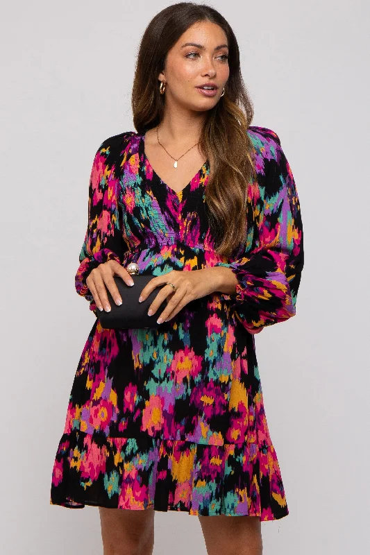 Black Multicolor Print Maternity Long Sleeve Maternity Dress Shein floral dresses