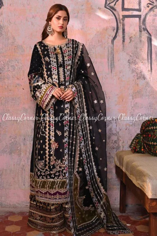 Black Multicolor Raw Silk Embroidered Salwar Kameez Bright color unclassified dresses