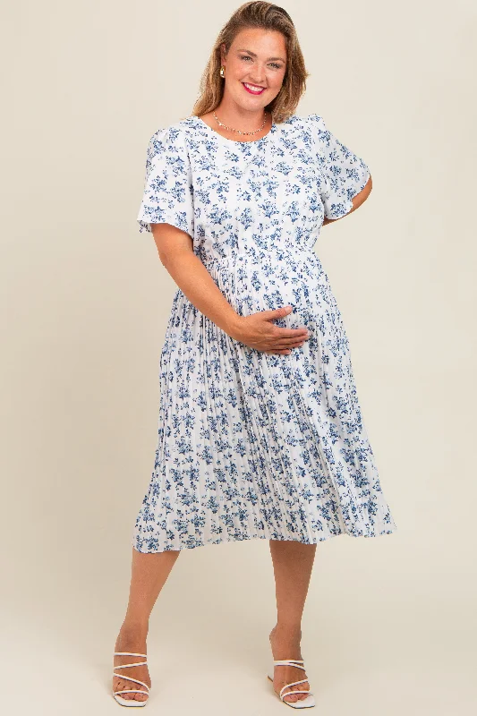 Blue Ditsy Floral Pleated Plus Maternity Dress Chic floral dresses