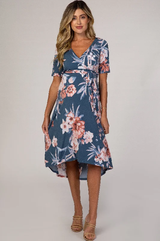 Blue Floral Draped Hi-Low Maternity Dress Halter floral dresses