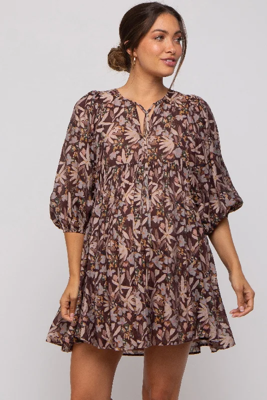 Brown Floral 3/4 Sleeve Maternity Dress Stretchy floral dresses