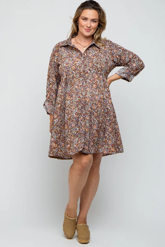 Brown Floral Paisley Button Up Maternity Plus Dress Affordable floral dresses