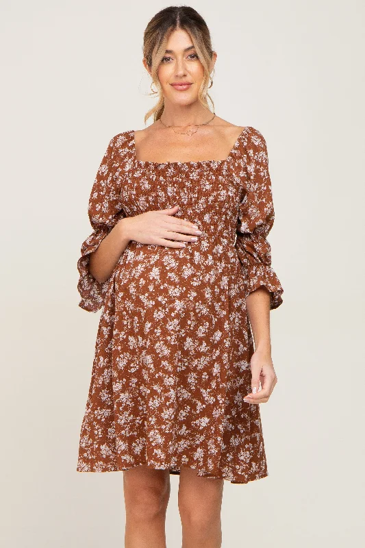 Brown Floral Ruffle Sleeve Smocked Maternity Dress Date night floral dresses