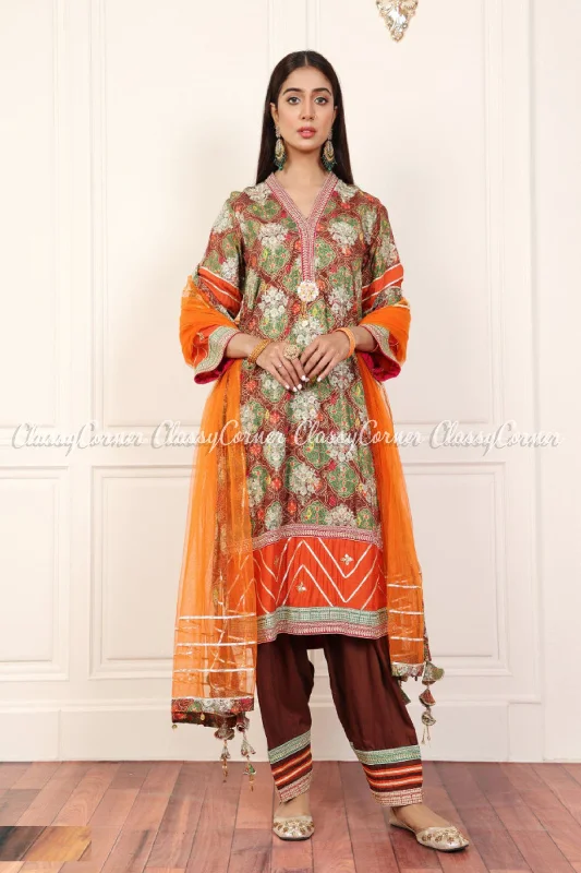 Brown Orange Viscose Embroidered Fromal Salwar Kameez High-low unclassified dresses