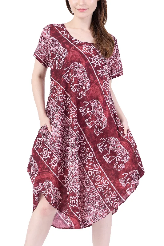 Burgundy Elephant Fabric Dress with Sleeves and Two Pockets Designer unclassified dresses