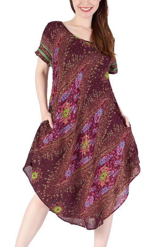 Burgundy Flower Eye Dress with Sleeves and Two Pockets Beach unclassified dresses