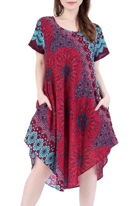 Burgundy Flower Mandala Dress with Sleeves and Two Pockets Bodycon unclassified dresses