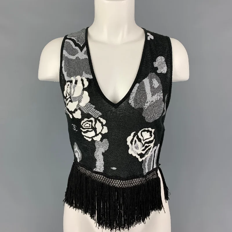 CHANEL Size M Black & White Cotton Rayon Floral Sleeveless Dress Top Wedding guest floral dresses