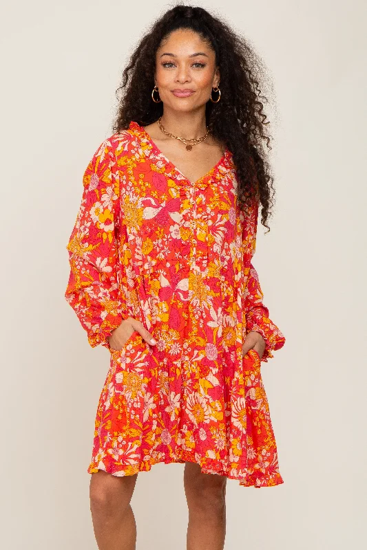 Coral Floral Button Front Ruffle Accent Dress Wrap floral dresses