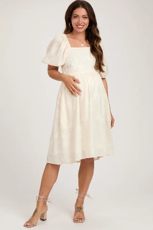 Cream Textured Floral Square Neck Puff Sleeve Maternity Dress Best floral dresses for curvy figures