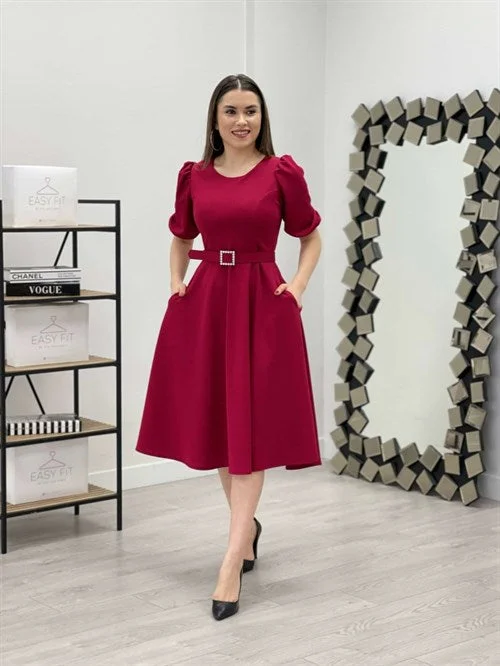 Crepe Fabric Belt Detailed Dress - Burgundy Smocked unclassified dresses