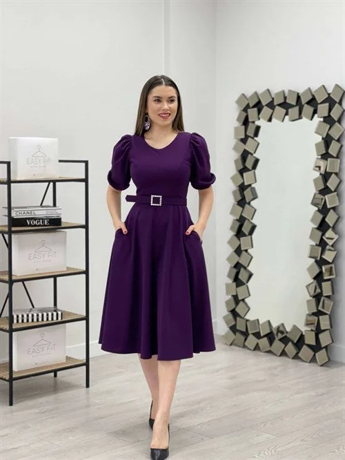 Crepe Fabric Belt Detailed Dress - Eggplant Purple Flowy unclassified dresses