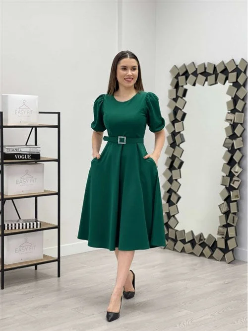 Crepe Fabric Belt Detailed Dress - Emerald Green Chic unclassified dresses