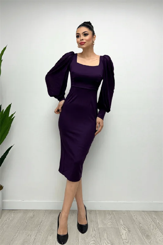 Crepe Fabric Square Collar Pen Dress - Eggplant Purple Long sleeve unclassified dresses