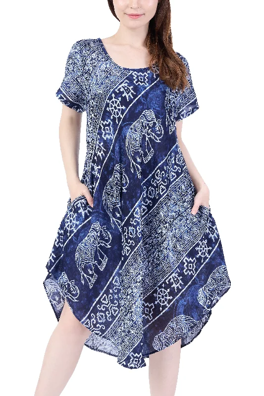 Dark Blue Elephant Fabric Dress with Sleeves and Two Pockets Fashionable unclassified dresses