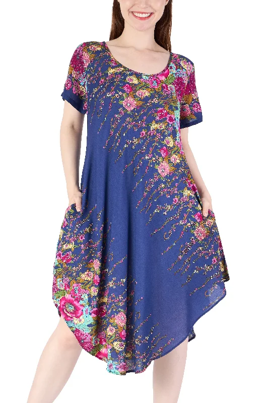 Dark Blue Flower fabric Dress with Sleeves and Two Pockets Beaded unclassified dresses