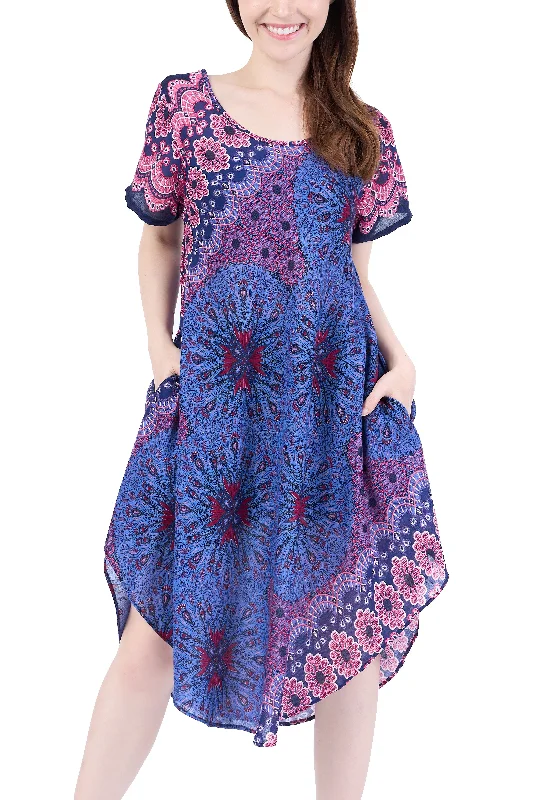 Dark Blue Flower Mandala Dress with Sleeves and Two Pockets Gothic unclassified dresses