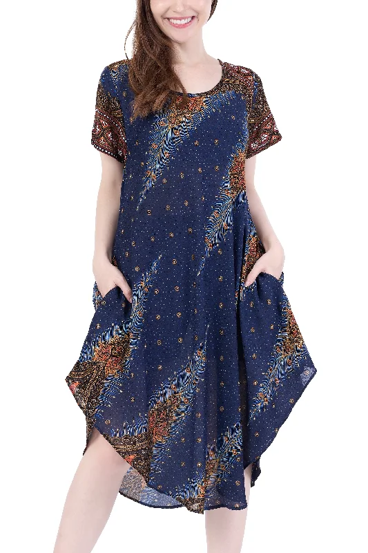 Dark Blue Peacock Fabric Dress with Sleeves and Two Pockets Trendy new unclassified dresses